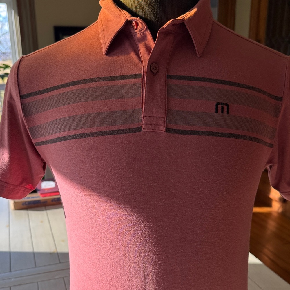 Travis Mathew Pink and Black Striped Polo